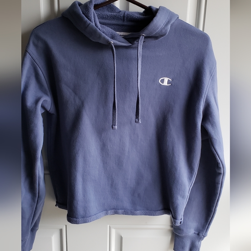 Champion Women's Blue Cropped Hoodie Sweatshirt Small